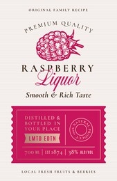 family recipe raspberry liquor acohol label. abstract vector packaging design layout. modern typography banner with hand drawn ripe berry silhouette logo and background. isolated.