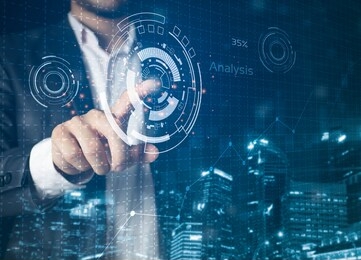 the hand of business people are touching the technology of the future on a city backdrop. full of digital technology that analyzes big data. there is space for copy space. future technology concept.