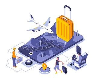 travel vacation landing page vector template. international voyage with suitcase website header ui layout with isometric illustration. tourism and adventure web banner isometry concept