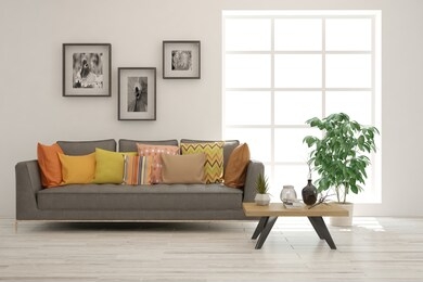 white living room with sofa. scandinavian interior design. 3d illustration