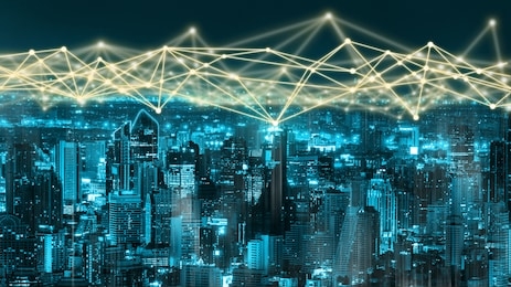 modern creative telecommunication and internet network connect in smart city. concept of 5g wireless digital connection and internet of things future.