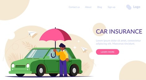 car insurance against natural disasters. people with an umbrella stands near his car. modern flat vector illustration.
