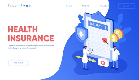 "health insurance" concept background. flat isometric illustration with characters. eps10 vector.