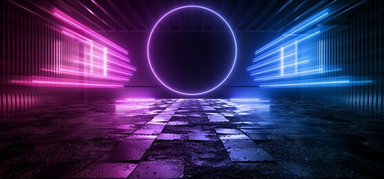 cosmic sci fi futuristic circle round neon modern laser grunge rough cement tiled concrete floor lights vibrant electric cyber virtual 3d rendering illustration