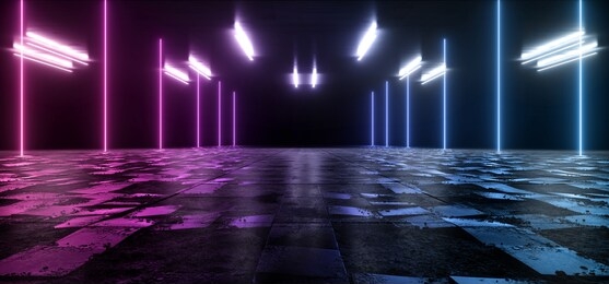 cosmic sci fi futuristic purple pantone blue neon modern laser grunge rough cement tiled concrete floor club shaped lights vibrant electric cyber virtual 3d rendering illustration