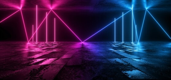cosmic sci fi futuristic purple blue neon modern laser grunge rough cement tiled concrete floor beam shaped lights vibrant electric cyber virtual 3d rendering illustration