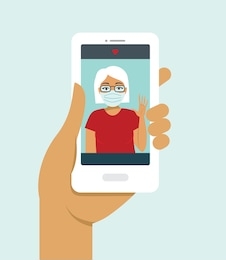 human hand holding smart phone video call on the screen with your elderly family member, mother, granny, online during covid-19 disease outbreak. quarantine concept. flat vector illustration