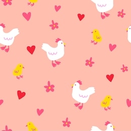 seamless chicken chick vector pattern. cute farm animal pattern with heart and flower for wallpaper textile fabric designs. orange vector illustrations in hand drawn style.