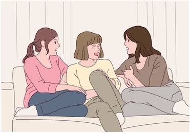 the three girls are sitting on the sofa and shaking their hands. hand drawn style vector design illustrations. 