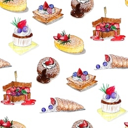seamless pattern watercolor bakery. strawberry with pastry. toast and sponge cake hand deawing.