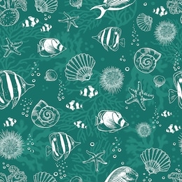 seamless pattern with saltwater fishes, shells, seastars and corals. hand drawn vector illustration.
