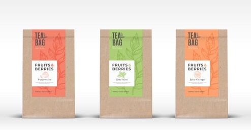 craft paper bag with fruit and berries tea labels set. abstract vector packaging design layout with realistic shadows. hand drawn watermelon, orange and mint branch silhouettes background. isolated.