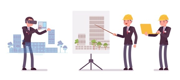 architect man, professional creating design for buildings. male worker making presentations, report on house project for clients, using vr platform construction. vector flat style cartoon illustration
