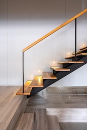 stairway lights bulb for illumination as safety protection wooden stairs architecture interior design of contemporary, modern house building stairway