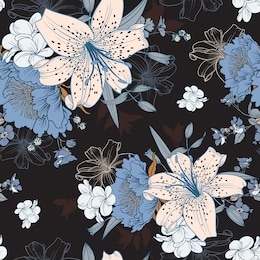 floral seamless pattern with lilies, hellebore, leaves for surface design