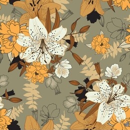 floral seamless pattern with lilies, amelia, rhododendron, leaves for surface design