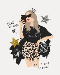 typography slogan with girl in sunglasses taking selfie and glitter stars illustration