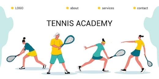 tennis academy, summer tennis camp.the concept of junior sports training.site template for the home page or app.girls with rackets and a ball in different poses.flat design vector illustration.