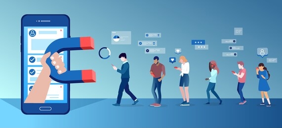 vector of a group of people using mobile gadgets communicating being attracted by socila media app platform 