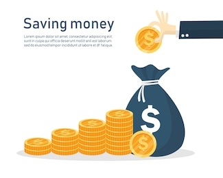 business hand putting coins in money bag. coin stack step growing growth. saving money concept. finance business investment. vector illustration flat design. isolated on white background.