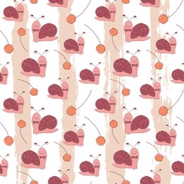 seamless pattern with cute snail. animal with dandlion on striped background in scandinavian style for baby shower card, birthday, poster. print illustration in vector