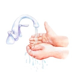 watercolor drawing - hand washing, faucet, water hands sketch