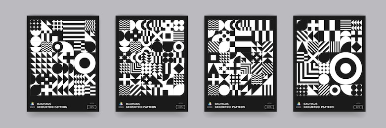 abstract bauhaus geometric pattern background, vector circle, triangle and square lines art design. black and white bauhaus swiss pattern background, posters set