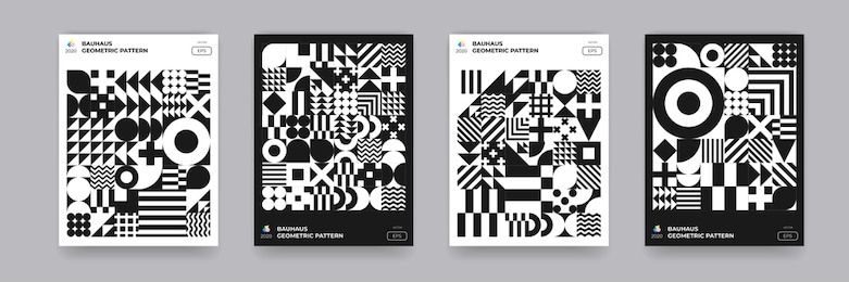 abstract bauhaus geometric pattern background, vector circle, triangle and square lines art design. black and white bauhaus swiss pattern background, posters set