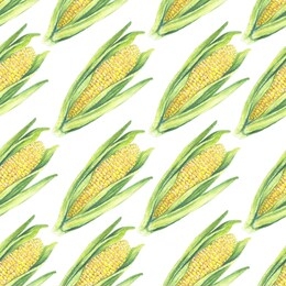 seamless pattern of corn cobs with leaves on white background. eco vegetables plants. fshop design, healthy lifestyle, packaging, textile. hand drawn watercolor illustration. botanical realistic art.