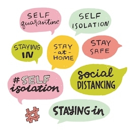 set of hand lettering messages for stay home campaign. protect from coronavirus or covid-19 epidemic, hashtags in speech bubbles. self-isolation, quarantine phrases for social media, stickers, tags.