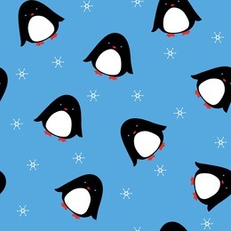 the vector pattern with cartoon penguins and snowflakes