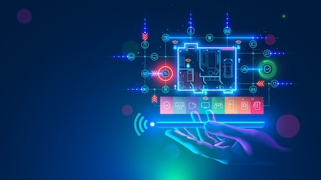 smart home over screen of smartphone in hand, side view. app of mobile phone of remote control iot, automation domestic devices technology. floor plan of house with icons internet of things.