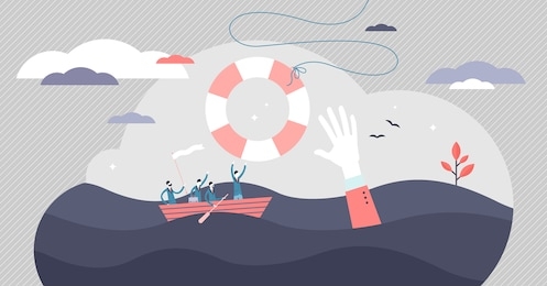crisis help vector illustration. economical business support tiny persons concept. government money assistance in coronavirus covid-19 pandemic caused bankruptcy. metaphoric scene with sinking boat.
