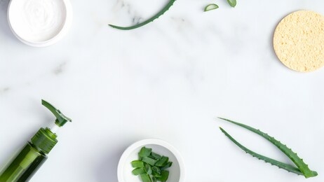 frame of natural organic cosmetic products and sliced stems aloe vera on marble background. flat lay, top view. skin care and beauty treatment concept.