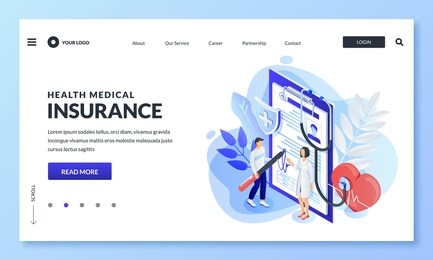 health insurance concept. doctor with patient sign medical insurance contract. vector 3d isometric characters illustration. medicine, hospital help, life protection and healthcare concept