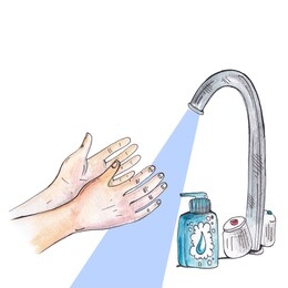 hand washing, a watercolor illustration of hands being washed under a tap