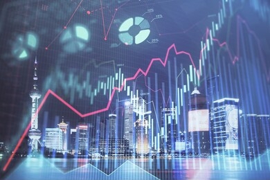financial graph on night city scape with tall buildings background double exposure. analysis concept.