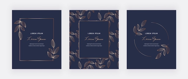 geometric navy blue cards with golden leaves, lines and frames. trendy templates for wedding invitation, banner, flyer, poster, greeting.
