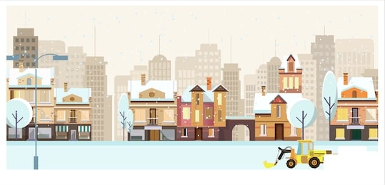 winter cityscape with buildings, trees and snowplow illustration. cityscape with skyscrapers and snow. winter city concept. for websites, wallpapers, posters or banners.