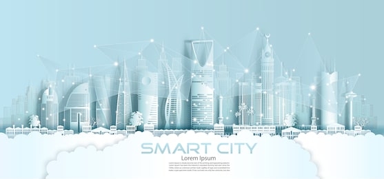 technology wireless network communication smart city with architecture in saudi arabia downtown skyscraper on blue background, vector illustration futuristic green city and panorama view.