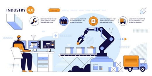 landing page design of smart industry 4.0 concept for web, homepage, mobile apps, social media. automation on smart factory, robotic arm loading boxes. people and robots together. vector illustration	