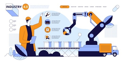 landing page design of smart industry 4.0 concept for web, homepage, mobile apps, social media. automation on smart factory, robotic arm loading boxes. people and robots together. vector illustration.