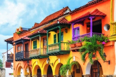 colorful spanish colonial buildings with wooden balconies at plaza de los coches inside the walled city of cartagena de indias, colombia. unesco world heritage site.