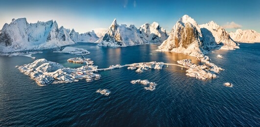 view from flying drone hamnoy, sakrisoy and reine villeges. most popular tourist destination on lofoten island. aerial winter view of norway, europe. bright sescape of norwegian sea.