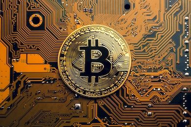 a golden coin with bitcoin symbol on a mainboard.