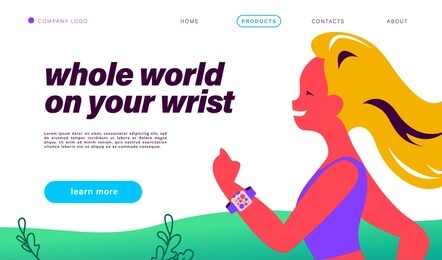 landing page design template with young lady running with smart watch on her wrist. connection, new technology and healthy lifestyle concept. vector flat illustration.