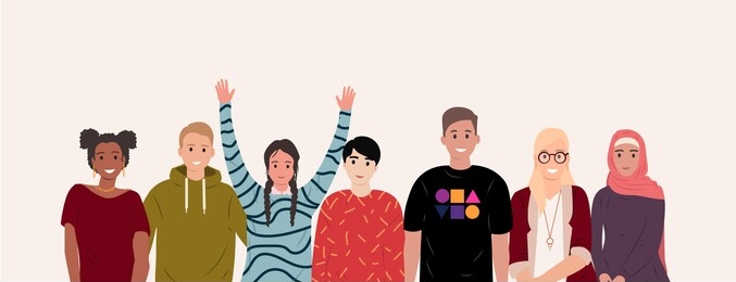 multinational group of happy people. african, asian, european students. people of different nationalities and religions cartoon style. cultural diversity. friendship concept. flat vector illustration