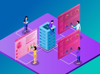 isometric vector illustration representing workers accessing data, statistics, graphics stored on server