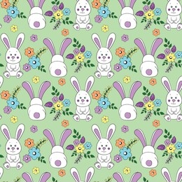 cute little white rabbits sitting, back view, with tail, with pink ears on light green background with bouquets of flowers, seamless color vector pattern