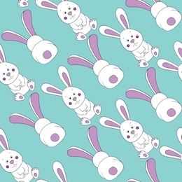 cute little white rabbits sitting, back view, with tail, with pink ears on blue background, seamless color vector pattern